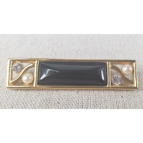 Brooch Pin - Signed Monet - Rectangle - Faux Pearls Rhinestones  Black Gold Tone - Picture 2 of 9